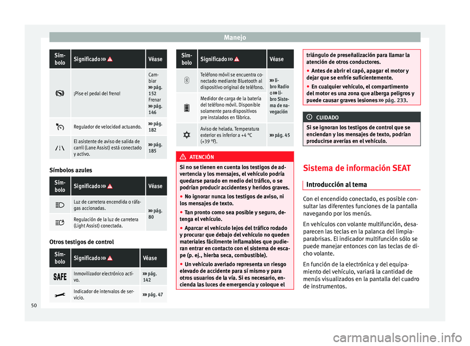 Seat Alhambra 2015  Manual del propietario (in Spanish) ManejoSím-
boloSignificado  ››› Véase 
¡Pise el pedal del freno!
Cam-
biar
›››  pág. 
152
Frenar
›››  pág. 
146 
Regulador de velocidad actuando.››› 
pág. 
182 

