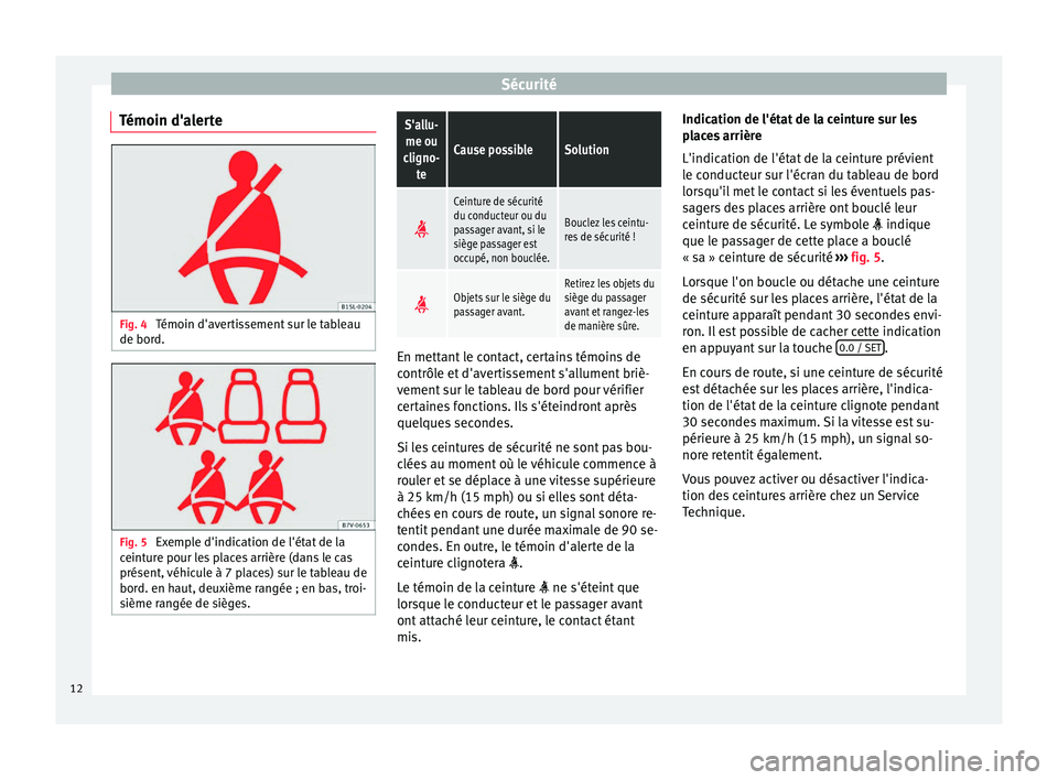 Seat Alhambra 2015 Manuel du propriétaire (in French) Sécurité
Témoin d'alerte Fig. 4
Témoin d'avertissement sur le tableau
de bord. Fig. 5
Exemple d'indication de l'état de la
ceinture pour les places arrière (dans le cas
présen Seat Alhambra 2015 Manuel du propriétaire (in French) Sécurité
Témoin d'alerte Fig. 4
Témoin d'avertissement sur le tableau
de bord. Fig. 5
Exemple d'indication de l'état de la
ceinture pour les places arrière (dans le cas
présen