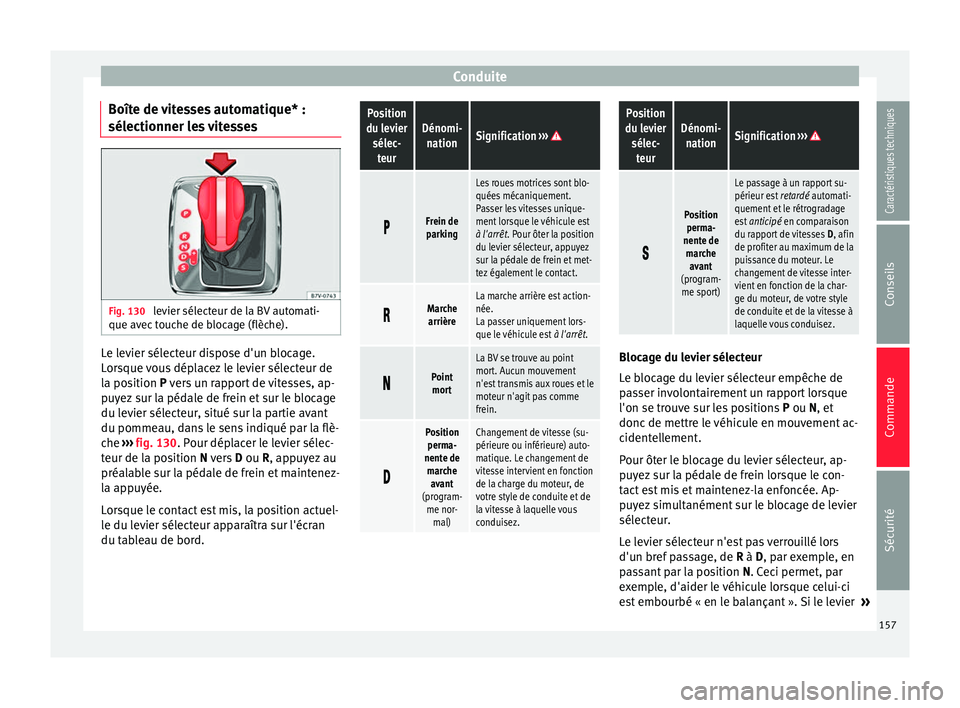 Seat Alhambra 2015 Manuel du propriétaire (in French) Conduite
Boîte de vitesses automatique* :
sélectionner les vitesses Fig. 130
levier sélecteur de la BV automati-
que avec touche de blocage (flèche). Le levier sélecteur dispose d'un blocage Seat Alhambra 2015 Manuel du propriétaire (in French) Conduite
Boîte de vitesses automatique* :
sélectionner les vitesses Fig. 130
levier sélecteur de la BV automati-
que avec touche de blocage (flèche). Le levier sélecteur dispose d'un blocage