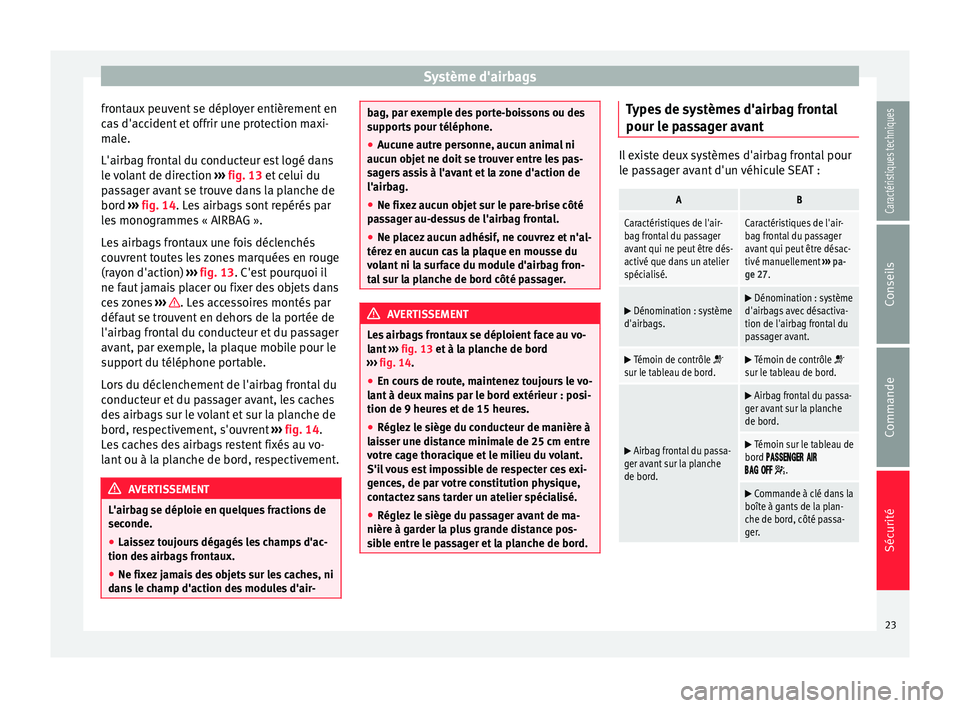 Seat Alhambra 2015  Manuel du propriétaire (in French)  Système d'airbags
frontaux peuvent se déployer entièrement en
cas d'accident et offrir une protection maxi-
male.
L'airbag frontal du conducteur est logé dans
le volant de direction  