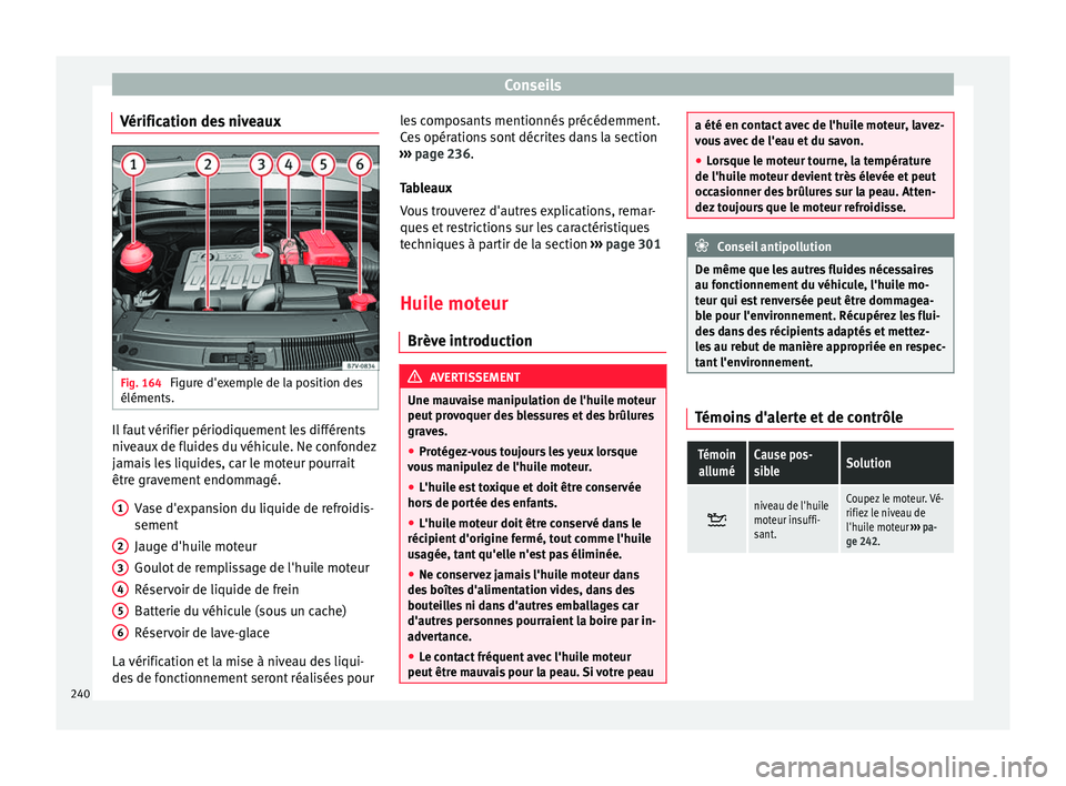 Seat Alhambra 2015 Manuel du propriétaire (in French) Conseils
Vérification des niveaux Fig. 164
Figure d'exemple de la position des
éléments. Il faut vérifier périodiquement les différents
niveaux de fluides du véhicule. Ne confondez
jamais Seat Alhambra 2015 Manuel du propriétaire (in French) Conseils
Vérification des niveaux Fig. 164
Figure d'exemple de la position des
éléments. Il faut vérifier périodiquement les différents
niveaux de fluides du véhicule. Ne confondez
jamais