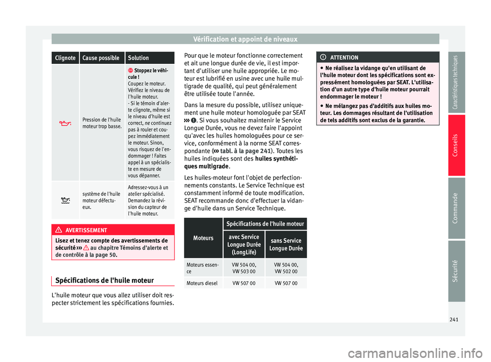 Seat Alhambra 2015 Manuel du propriétaire (in French) Vérification et appoint de niveauxClignoteCause possibleSolution
Pression de l'huile
moteur trop basse.
Stoppez le véhi-
cule !
Coupez le moteur.
Vérifiez le niveau de
l'huile mote Seat Alhambra 2015 Manuel du propriétaire (in French) Vérification et appoint de niveauxClignoteCause possibleSolution
Pression de l'huile
moteur trop basse.
Stoppez le véhi-
cule !
Coupez le moteur.
Vérifiez le niveau de
l'huile mote