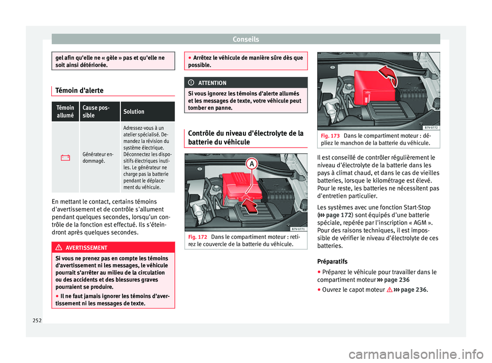 Seat Alhambra 2015 Manuel du propriétaire (in French) Conseils
gel afin qu'elle ne « gèle » pas et qu'elle ne
soit ainsi détériorée.
Témoin d'alerteTémoin
alluméCause pos-
sibleSolution
Générateur en-
dommagé.
Adressez-vous à Seat Alhambra 2015 Manuel du propriétaire (in French) Conseils
gel afin qu'elle ne « gèle » pas et qu'elle ne
soit ainsi détériorée.
Témoin d'alerteTémoin
alluméCause pos-
sibleSolution
Générateur en-
dommagé.
Adressez-vous à