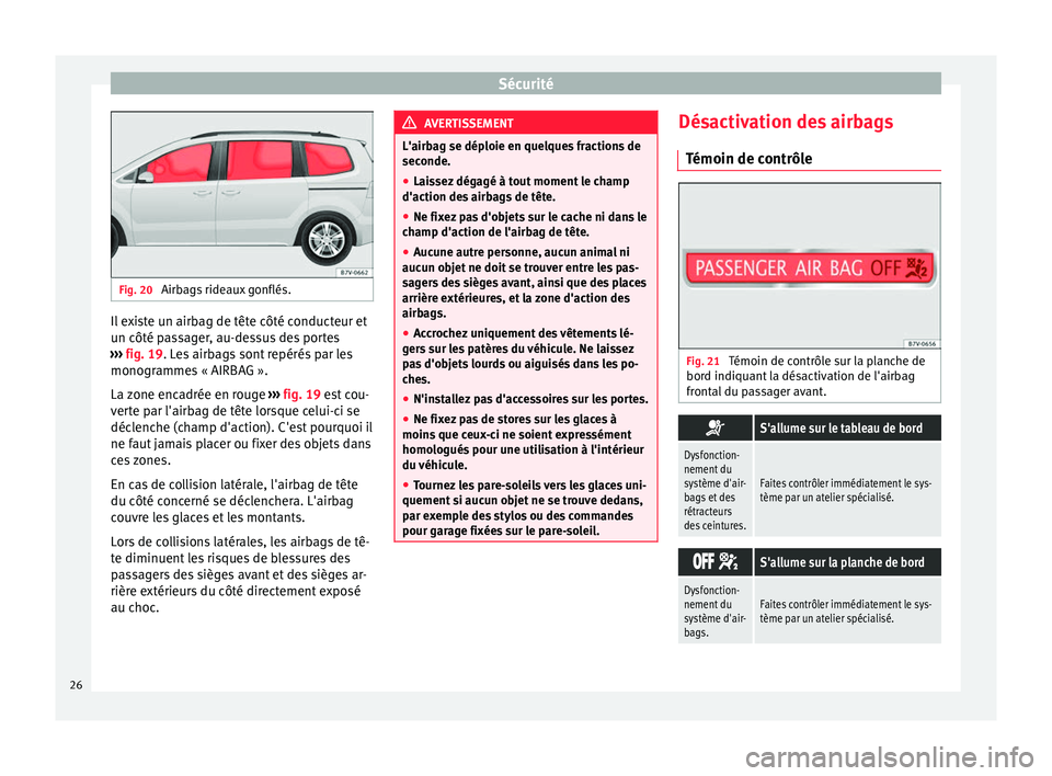 Seat Alhambra 2015  Manuel du propriétaire (in French)  Sécurité
Fig. 20 
Airbags rideaux gonflés. Il existe un airbag de tête côté conducteur et
un côté passager, au-dessus des portes
›››  fig. 19 . Les airbags sont repérés par les
monogr 