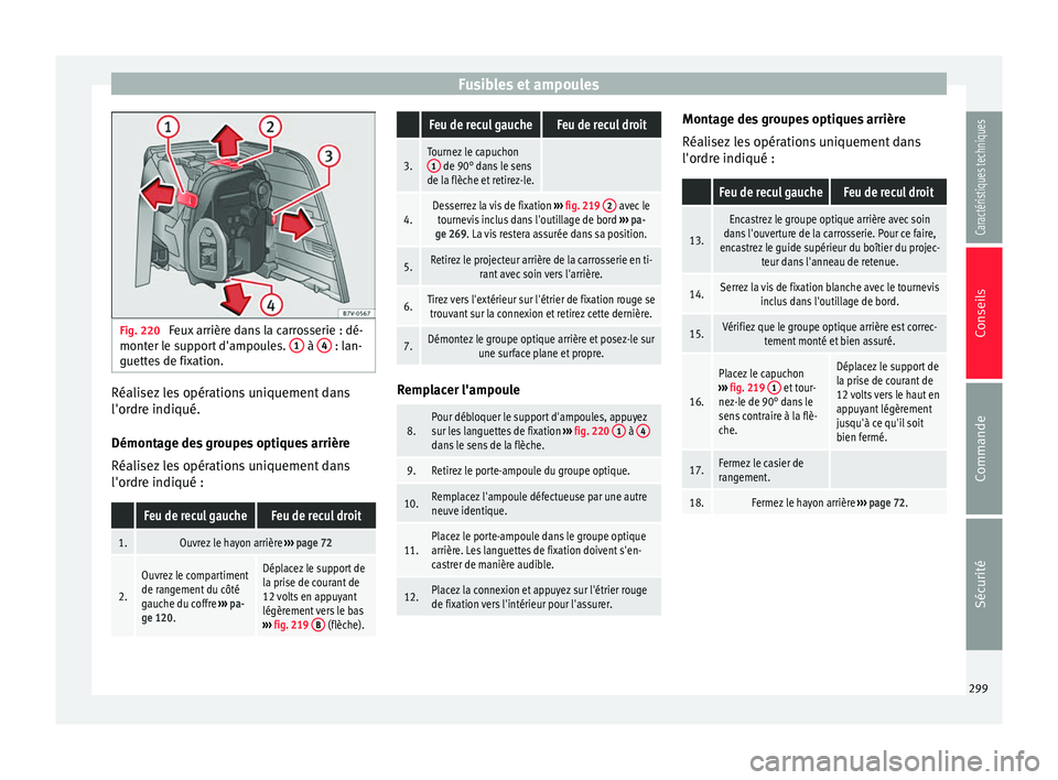 Seat Alhambra 2015  Manuel du propriétaire (in French)  Fusibles et ampoules
Fig. 220 
Feux arrière dans la carrosserie : dé-
monter le support d'ampoules.  1  à 
4  : lan-
guettes de fixation. Réalisez les opérations uniquement dans
l'ordre i