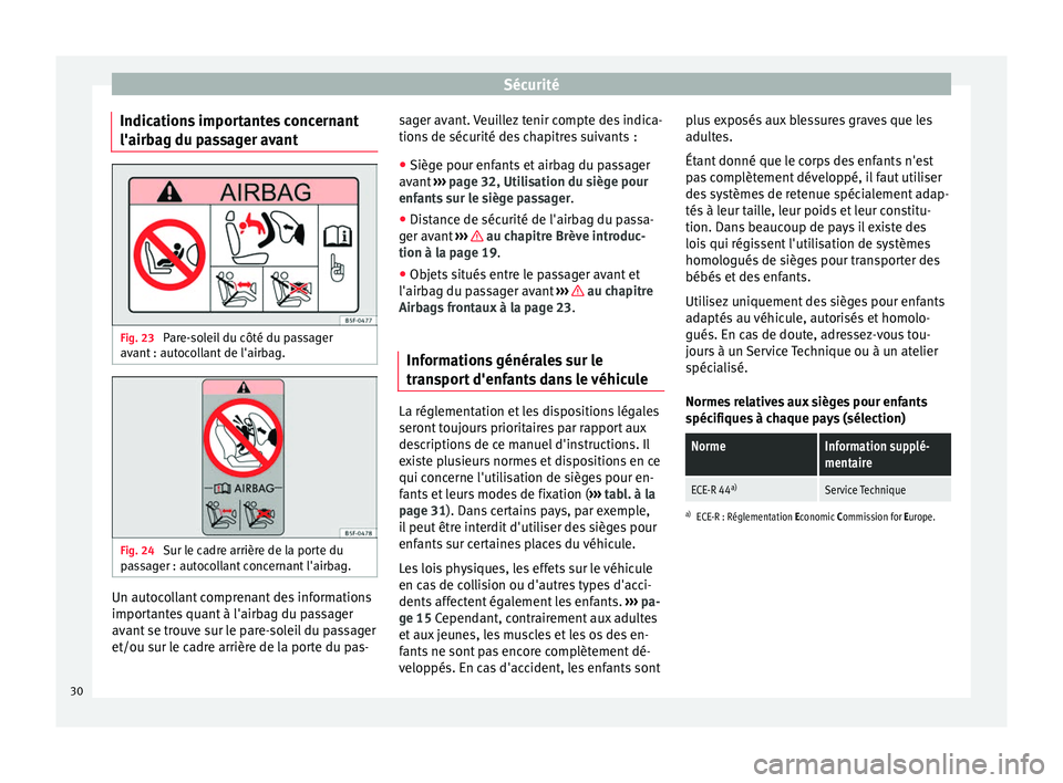 Seat Alhambra 2015  Manuel du propriétaire (in French)  Sécurité
Indications importantes concernant
l'airbag du passager avant Fig. 23 
Pare-soleil du côté du passager
avant : autocollant de l'airbag. Fig. 24 
Sur le cadre arrière de la porte 