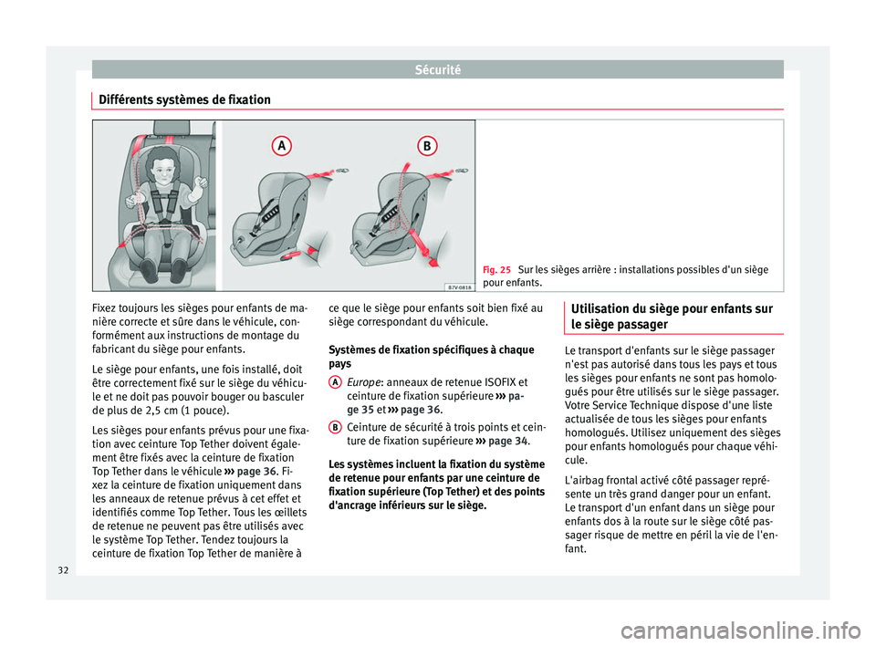 Seat Alhambra 2015  Manuel du propriétaire (in French)  Sécurité
Différents systèmes de fixation Fig. 25 
Sur les sièges arrière : installations possibles d'un siège
pour enfants. Fixez toujours les sièges pour enfants de ma-
nière correcte et