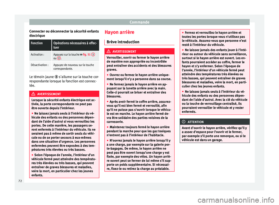 Seat Alhambra 2015  Manuel du propriétaire (in French)  Commande
Connecter ou déconnecter la sécurité enfants
électriqueFonctionOpérations nécessaires à effec-
tuer
Activation :Appuyez sur la touche  ››› fig. 51  1ou 2.
Désactivation :Appuyez