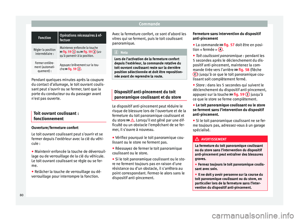 Seat Alhambra 2015  Manuel du propriétaire (in French)  CommandeFonctionOpérations nécessaires à ef-
fectuer
Régler la position
intermédiaire :Maintenez enfoncée la touche
›››  fig. 59  1 ou 
››› fig. 59  2 jus-
qu'à parvenir à la p