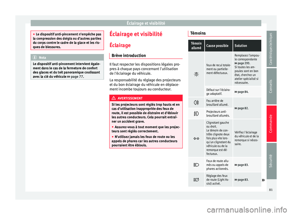 Seat Alhambra 2015  Manuel du propriétaire (in French)  Éclairage et visibilité
●
Le dispositif anti-pincement n'empêche pas
la compression des doigts ou d'autres parties
du corps contre le cadre de la glace et les ris-
ques de blessures. Nota