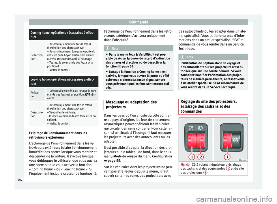 Seat Alhambra 2015  Manuel du propriétaire (in French)  CommandeComing home: opérations nécessaires à effec-
tuer
Désactiva-
tion :
– Automatiquement une fois le retard
d'extinction des phares achevé.
– Automatiquement, lorsqu'une porte du