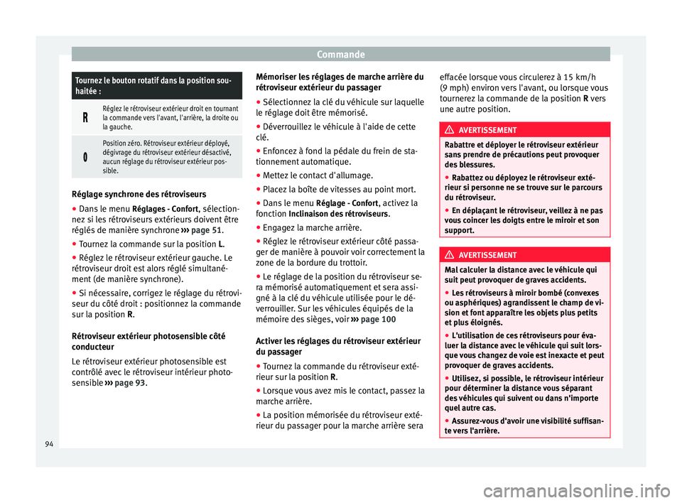 Seat Alhambra 2015 Manuel du propriétaire (in French) CommandeTournez le bouton rotatif dans la position sou-
haitée :
Réglez le rétroviseur extérieur droit en tournant
la commande vers l'avant, l'arrière, la droite ou
la gauche.
Pos Seat Alhambra 2015 Manuel du propriétaire (in French) CommandeTournez le bouton rotatif dans la position sou-
haitée :
Réglez le rétroviseur extérieur droit en tournant
la commande vers l'avant, l'arrière, la droite ou
la gauche.
Pos