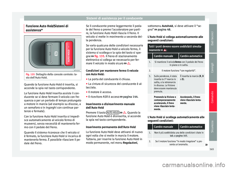 Seat Alhambra 2015  Manuale del proprietario (in Italian) Sistemi di assistenza per il conducente
Funzione Auto HoldSistemi di
assistenza* Fig. 135
Dettaglio della console centrale: ta-
sto dell'Auto Hold. Quando la funzione Auto Hold è inserita, si
acc