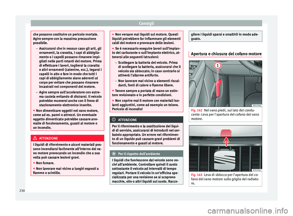 Seat Alhambra 2015 Manuale del proprietario (in Italian) Consigli
che possono costituire un pericolo mortale.
Agire sempre con la massima precauzione
possibile.
–Assicurarsi che in nessun caso gli arti, gli
ornamenti, la cravatta, i capi di abbiglia-
ment Seat Alhambra 2015 Manuale del proprietario (in Italian) Consigli
che possono costituire un pericolo mortale.
Agire sempre con la massima precauzione
possibile.
–Assicurarsi che in nessun caso gli arti, gli
ornamenti, la cravatta, i capi di abbiglia-
ment