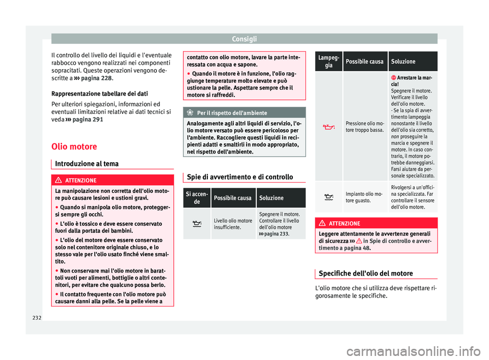 Seat Alhambra 2015 Manuale del proprietario (in Italian) Consigli
Il controllo del livello dei liquidi e l'eventuale
rabbocco vengono realizzati nei componenti
sopracitati. Queste operazioni vengono de-
scritte a ››› pagina 228 .
R ap
presentazio Seat Alhambra 2015 Manuale del proprietario (in Italian) Consigli
Il controllo del livello dei liquidi e l'eventuale
rabbocco vengono realizzati nei componenti
sopracitati. Queste operazioni vengono de-
scritte a ››› pagina 228 .
R ap
presentazio