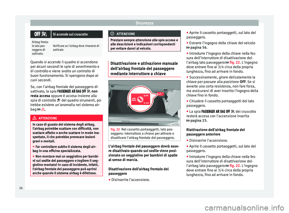Seat Alhambra 2015 Manuale del proprietario (in Italian) Sicurezza
Si accende sul cruscotto
Airbag fronta-
le lato pas-
seggero di-
sattivato.Verificare se l'airbag deve rimanere di-
sattivato Quando si accende il quadro si accendono
per a Seat Alhambra 2015 Manuale del proprietario (in Italian) Sicurezza
Si accende sul cruscotto
Airbag fronta-
le lato pas-
seggero di-
sattivato.Verificare se l'airbag deve rimanere di-
sattivato Quando si accende il quadro si accendono
per a