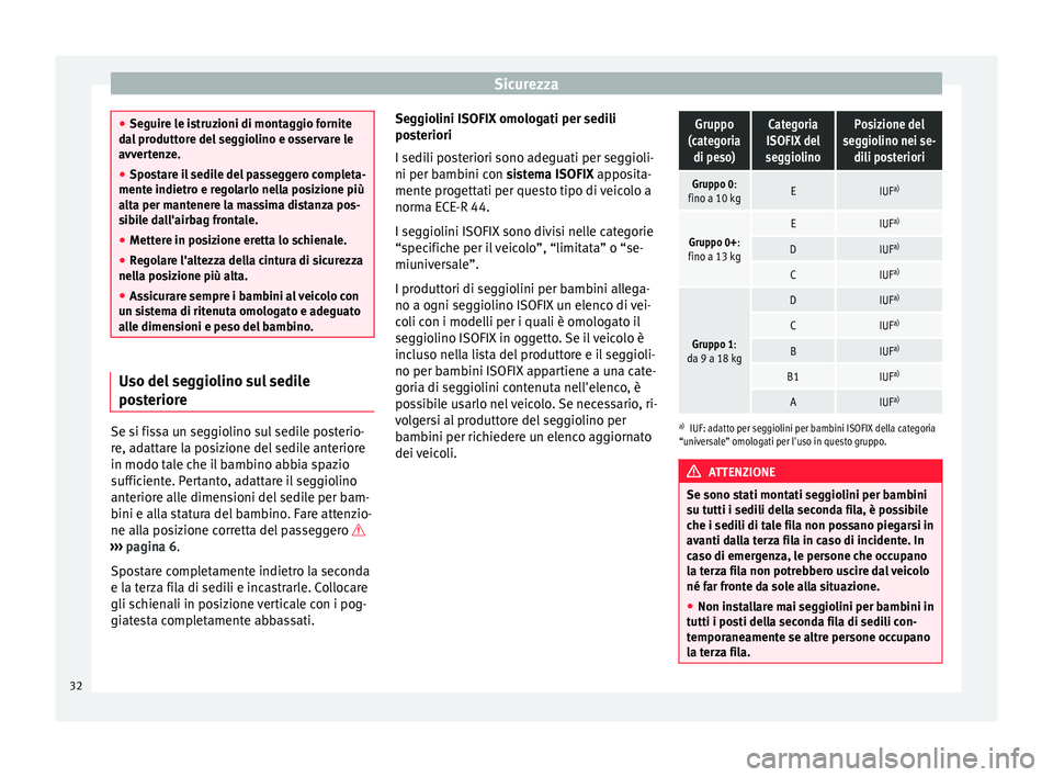 Seat Alhambra 2015 Manuale del proprietario (in Italian) Sicurezza
●
Seguire le istruzioni di montaggio fornite
dal produttore del seggiolino e osservare le
avvertenze.
● Spostare il sedile del passeggero completa-
mente indietro e regolarlo nella posiz Seat Alhambra 2015 Manuale del proprietario (in Italian) Sicurezza
●
Seguire le istruzioni di montaggio fornite
dal produttore del seggiolino e osservare le
avvertenze.
● Spostare il sedile del passeggero completa-
mente indietro e regolarlo nella posiz