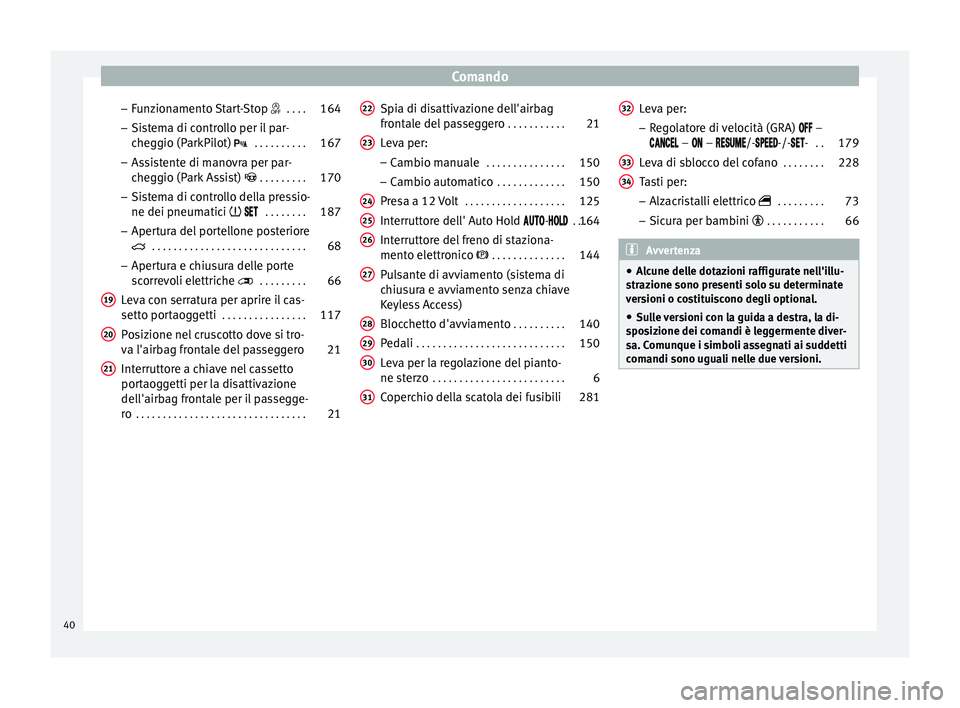 Seat Alhambra 2015 Manuale del proprietario (in Italian) Comando
– Funzionamento Start-Stop . . . .164
– Sistema di controllo per il par-
cheggio (ParkPilot)
. . . . . . . . . . 167
– As s
istente di manovra per par-
cheggio (Park Assist) Seat Alhambra 2015 Manuale del proprietario (in Italian) Comando
– Funzionamento Start-Stop . . . .164
– Sistema di controllo per il par-
cheggio (ParkPilot)
. . . . . . . . . . 167
– As s
istente di manovra per par-
cheggio (Park Assist)