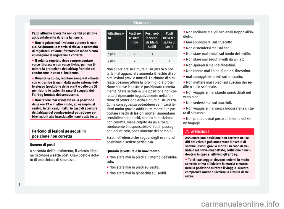 Seat Alhambra 2015 Manuale del proprietario (in Italian) Sicurezza
l'alto affinché il volante non cambi posizione
accidentalmente durante la marcia.
●
Non regolare mai il volante durante la mar-
cia. Se durante la marcia si rileva la necessità
di re Seat Alhambra 2015 Manuale del proprietario (in Italian) Sicurezza
l'alto affinché il volante non cambi posizione
accidentalmente durante la marcia.
●
Non regolare mai il volante durante la mar-
cia. Se durante la marcia si rileva la necessità
di re