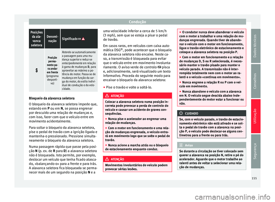 Seat Alhambra 2015 Manual do proprietário (in Portuguese) ConduçãoPosições
da ala-vanca
seletoraDenomi- naçãoSignificado ›››
Posição
perma-
nente pa- ra andar
em frente
(programa desporti- vo)
Retarda-se automaticamente
a passagem para um Seat Alhambra 2015 Manual do proprietário (in Portuguese) ConduçãoPosições
da ala-vanca
seletoraDenomi- naçãoSignificado ›››
Posição
perma-
nente pa- ra andar
em frente
(programa desporti- vo)
Retarda-se automaticamente
a passagem para um