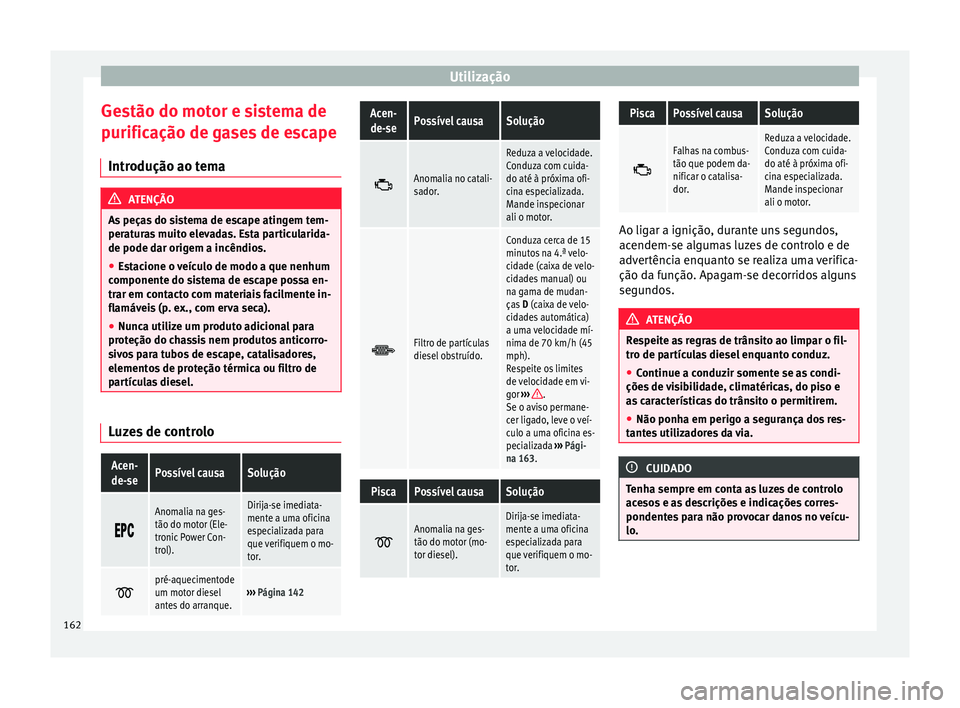 Seat Alhambra 2015  Manual do proprietário (in Portuguese)  Utilização
Gestão do motor e sistema de
purificação de gases de escape Introdução ao tema ATENÇÃO
As peças do sistema de escape atingem tem-
peraturas muito elevadas. Esta particularida-
de 