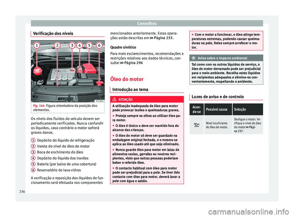 Seat Alhambra 2015  Manual do proprietário (in Portuguese)  Conselhos
Verificação dos níveis Fig. 164
Figura orientadora da posição dos
elementos. Os níveis dos fluidos do veículo devem ser
periodicamente verificados. Nunca confundir
os líquidos, caso 