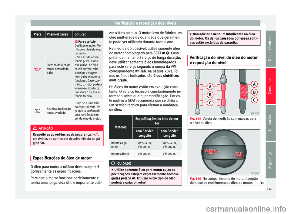 Seat Alhambra 2015  Manual do proprietário (in Portuguese)  Verificação e reposição dos níveisPiscaPossível causaSolução

Pressão do óleo do
motor demasiado
baixa. 
 Pare o veículo!
Desligue o motor. Ve-
rifique o nível do óleo
do motor.
–