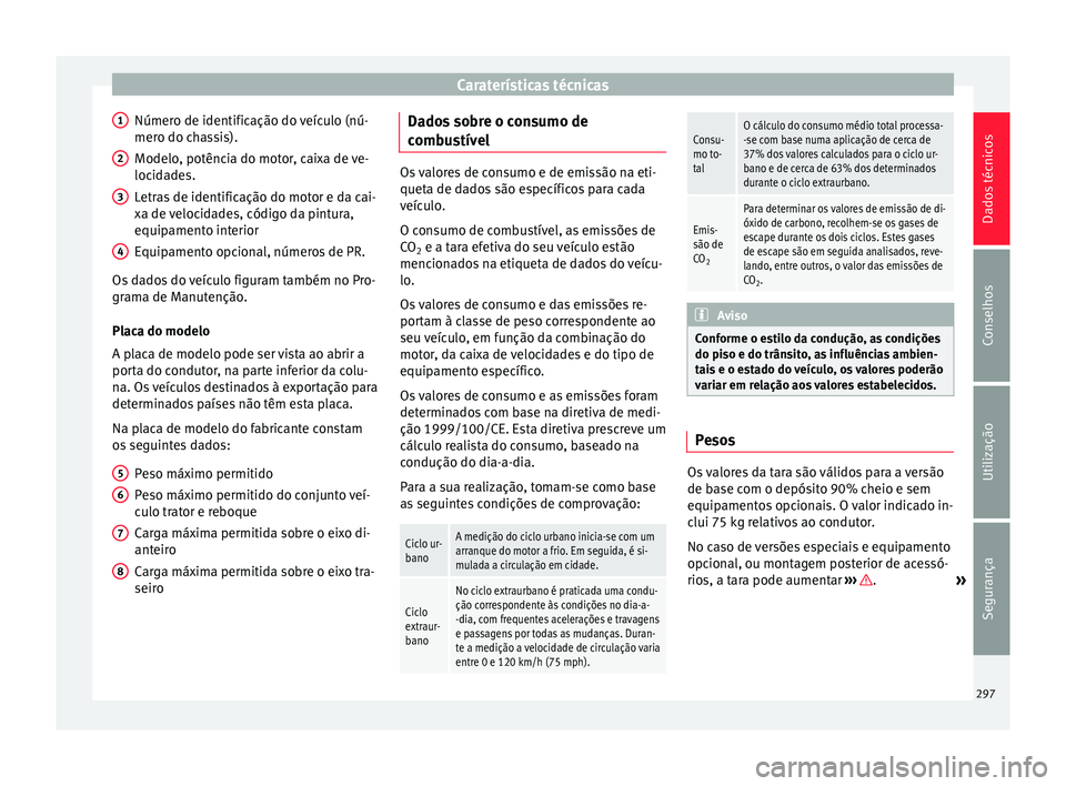 Seat Alhambra 2015  Manual do proprietário (in Portuguese)  Caraterísticas técnicas
Número de identificação do veículo (nú-
mero do chassis).
Modelo, potência do motor, caixa de ve-
locidades.
Letras de identificação do motor e da cai-
xa de velocida