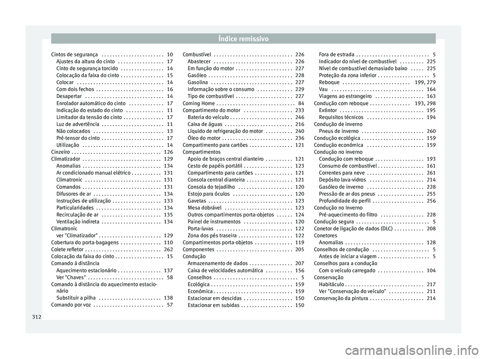 Seat Alhambra 2015 Manual do proprietário (in Portuguese) Índice remissivo
Cintos de segurança . . . . . . . . . . . . . . . . . . . . . . . 10 Ajustes da altura do cinto . . . . . . . . . . . . . . . . . 17
Cinto de segurança torcido . . . . . . . . . Seat Alhambra 2015 Manual do proprietário (in Portuguese) Índice remissivo
Cintos de segurança . . . . . . . . . . . . . . . . . . . . . . . 10 Ajustes da altura do cinto . . . . . . . . . . . . . . . . . 17
Cinto de segurança torcido . . . . . . . . .