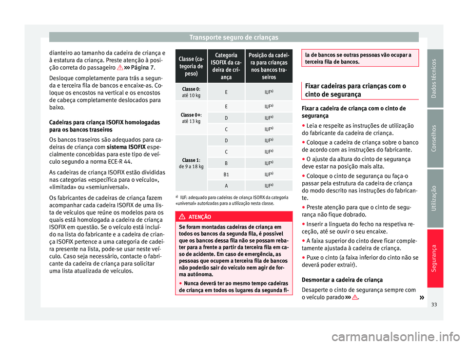 Seat Alhambra 2015 Manual do proprietário (in Portuguese) Transporte seguro de crianças
dianteiro ao tamanho da cadeira de criança e
à estatura da criança. Preste atenção à posi-
ção correta do passageiro
››› Página 7.
Desloque complet Seat Alhambra 2015 Manual do proprietário (in Portuguese) Transporte seguro de crianças
dianteiro ao tamanho da cadeira de criança e
à estatura da criança. Preste atenção à posi-
ção correta do passageiro
››› Página 7.
Desloque complet