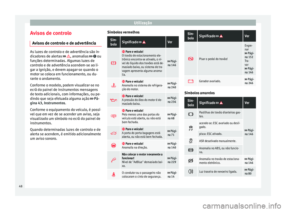 Seat Alhambra 2015 Manual do proprietário (in Portuguese) Utilização
Avisos de controlo Avisos de controlo e de advertência As luzes de controlo e de advertência são in-
dicadores de alertas
››› , anomalias
››› ou
funções determinadas Seat Alhambra 2015 Manual do proprietário (in Portuguese) Utilização
Avisos de controlo Avisos de controlo e de advertência As luzes de controlo e de advertência são in-
dicadores de alertas
››› , anomalias
››› ou
funções determinadas