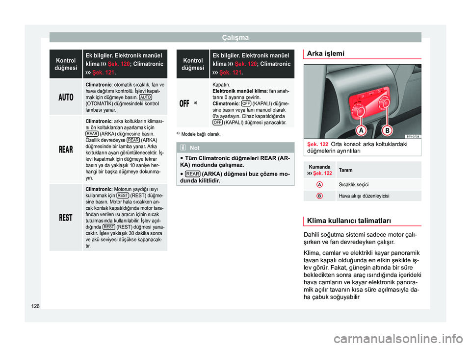 Seat Alhambra 2015 Kullanım Kılavuzu (in Turkish) ÇalışmaKontrol
düğmesiEk bilgiler. Elektronik manüel
klima ››› Şek. 120; Climatronic
››› Şek. 121.
Climatronic: otomatik sıcaklık, fan ve
hava dağıtımı kontrol Seat Alhambra 2015 Kullanım Kılavuzu (in Turkish) ÇalışmaKontrol
düğmesiEk bilgiler. Elektronik manüel
klima ››› Şek. 120; Climatronic
››› Şek. 121.
Climatronic: otomatik sıcaklık, fan ve
hava dağıtımı kontrol