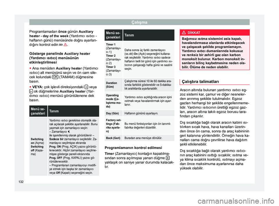 Seat Alhambra 2015 Kullanım Kılavuzu (in Turkish) Çalışma
Programlamadan önce günün Auxiliary
heater - day of the week (Yardımcı ısıtıcı - haftanın günü) menüsünde doğru ayarlan-
dığını kontrol edin ››› .
Gösterge pane Seat Alhambra 2015 Kullanım Kılavuzu (in Turkish) Çalışma
Programlamadan önce günün Auxiliary
heater - day of the week (Yardımcı ısıtıcı - haftanın günü) menüsünde doğru ayarlan-
dığını kontrol edin ››› .
Gösterge pane
