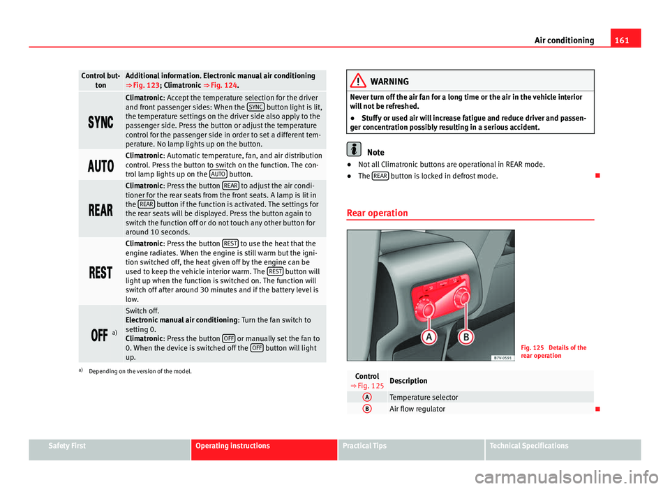 Seat Alhambra 2014 Owners Manual 161
Air conditioning
Control but-
tonAdditional information. Electronic manual air conditioning
⇒ Fig. 123; Climatronic ⇒ Fig. 124.
Climatronic: Accept the temperature selection Seat Alhambra 2014 Owners Manual 161
Air conditioning
Control but-
tonAdditional information. Electronic manual air conditioning
⇒ Fig. 123; Climatronic ⇒ Fig. 124.
Climatronic: Accept the temperature selection