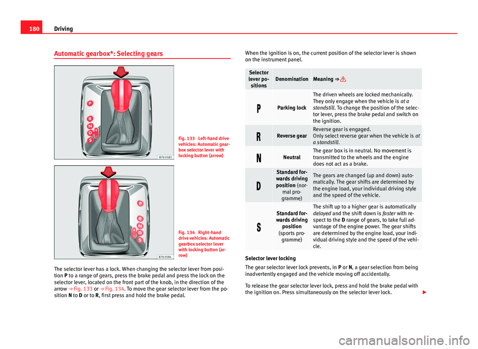 Seat Alhambra 2014  Owners Manual 180Driving
Automatic gearbox*: Selecting gears
Fig. 133  Left-hand drive
vehicles: Automatic gear-
box selector lever with
locking button (arrow)
Fig. 134  Right-hand
drive vehicles: Automatic
gearbox