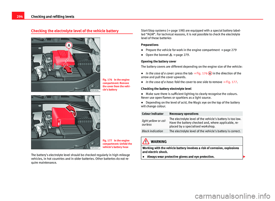 Seat Alhambra 2014 Owners Guide 294Checking and refilling levels
Checking the electrolyte level of the vehicle battery
Fig. 176 In the engine
compartment: Remove
the cover from the vehi-
cle's battery
Fig. 177 In the engine
co Seat Alhambra 2014 Owners Guide 294Checking and refilling levels
Checking the electrolyte level of the vehicle battery
Fig. 176 In the engine
compartment: Remove
the cover from the vehi-
cle's battery
Fig. 177 In the engine
co
