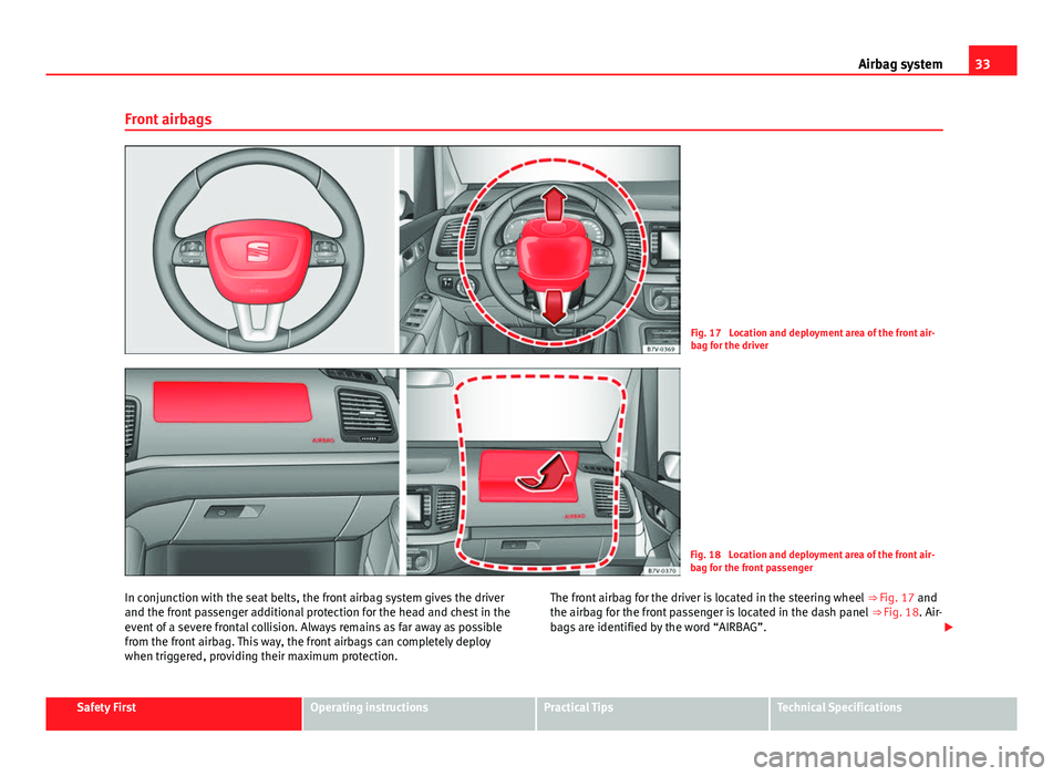 Seat Alhambra 2014 Owners Guide 33
Airbag system
Front airbags
Fig. 17 Location and deployment area of the front air-
bag for the driver
Fig. 18 Location and deployment area of the front air-
bag for the front passenger
In conjunc Seat Alhambra 2014 Owners Guide 33
Airbag system
Front airbags
Fig. 17 Location and deployment area of the front air-
bag for the driver
Fig. 18 Location and deployment area of the front air-
bag for the front passenger
In conjunc