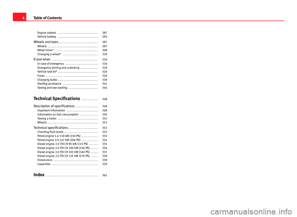 Seat Alhambra 2014  Owners Manual Engine coolant  . . . . . . . . . . . . . . . . . . . . . . . . . . . 287
Vehicle battery  . . . . . . . . . . . . . . . . . . . . . . . . . . . 292
Wheels and tyres  . . . . . . . . . . . . . . . . .