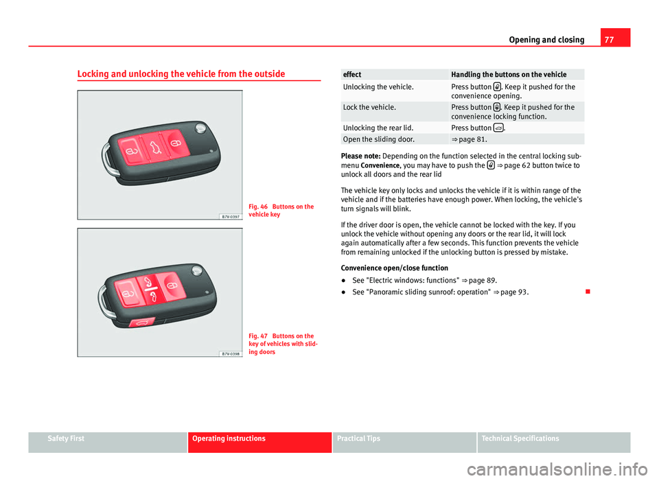 Seat Alhambra 2014  Owners Manual 77
Opening and closing
Locking and unlocking the vehicle from the outside
Fig. 46  Buttons on the
vehicle key
Fig. 47  Buttons on the
key of vehicles with slid-
ing doors
effectHandling the buttons on