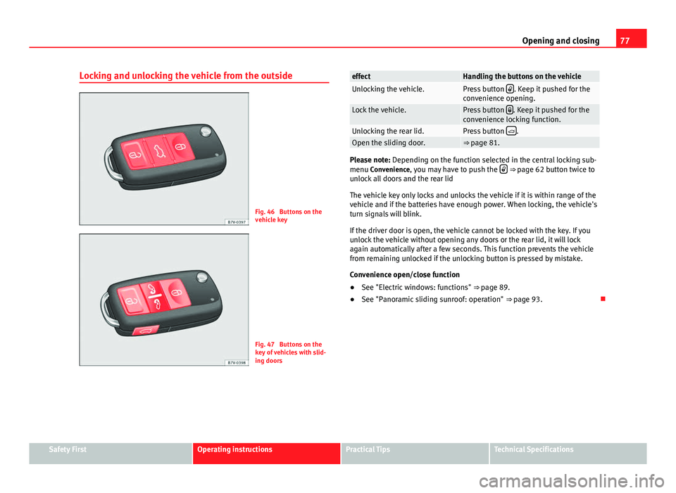 Seat Alhambra 2014 Manual PDF 77
Opening and closing
Locking and unlocking the vehicle from the outside
Fig. 46 Buttons on the
vehicle key
Fig. 47 Buttons on the
key of vehicles with slid-
ing doors
effectHandling the buttons on Seat Alhambra 2014 Manual PDF 77
Opening and closing
Locking and unlocking the vehicle from the outside
Fig. 46 Buttons on the
vehicle key
Fig. 47 Buttons on the
key of vehicles with slid-
ing doors
effectHandling the buttons on