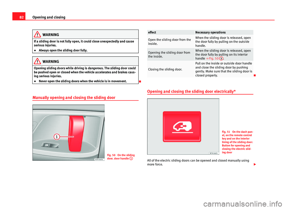 Seat Alhambra 2014 Manual Online 82Opening and closing
WARNING
If a sliding door is not fully open, it could close unexpectedly and cause
serious injuries.
● Always open the sliding door fully.
WARNING
Opening sliding doors while d Seat Alhambra 2014 Manual Online 82Opening and closing
WARNING
If a sliding door is not fully open, it could close unexpectedly and cause
serious injuries.
● Always open the sliding door fully.
WARNING
Opening sliding doors while d