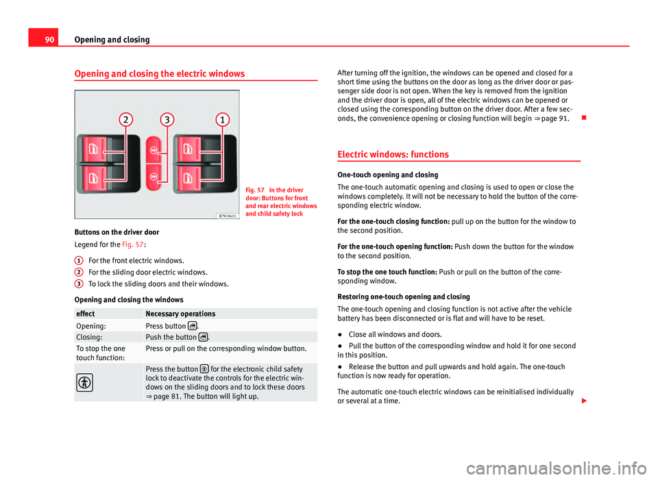 Seat Alhambra 2014 Owners Manual 90Opening and closing
Opening and closing the electric windows
Fig. 57 In the driver
door: Buttons for front
and rear electric windows
and child safety lock
Buttons on the driver door
Legend for the Seat Alhambra 2014 Owners Manual 90Opening and closing
Opening and closing the electric windows
Fig. 57 In the driver
door: Buttons for front
and rear electric windows
and child safety lock
Buttons on the driver door
Legend for the