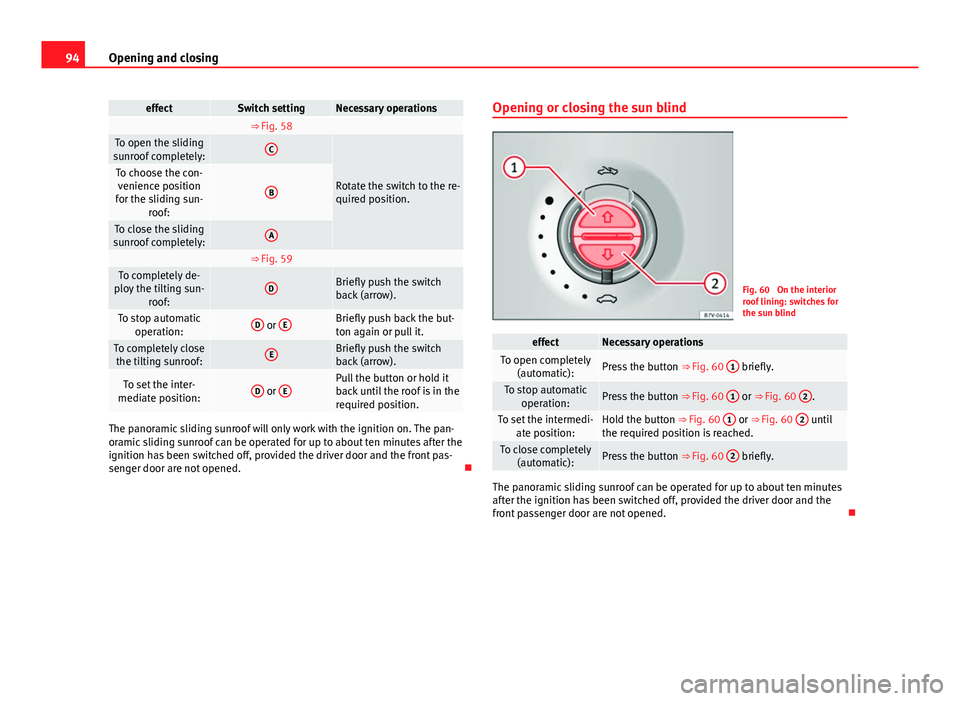 Seat Alhambra 2014  Owners Manual 94Opening and closing
effectSwitch settingNecessary operations ⇒ Fig. 58 To open the sliding
sunroof completely:C
Rotate the switch to the re-
quired position.To choose the con- venience position
