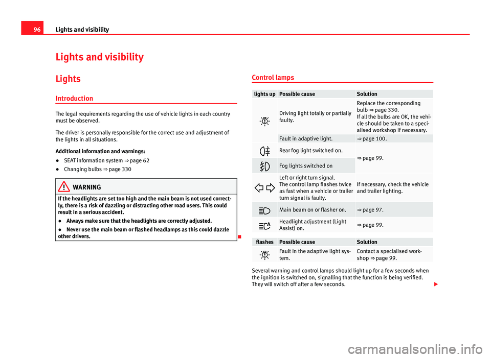 Seat Alhambra 2014 Owners Manual 96Lights and visibility
Lights and visibility
Lights Introduction
The legal requirements regarding the use of vehicle lights in each country
must be observed.
The driver is personally responsible for Seat Alhambra 2014 Owners Manual 96Lights and visibility
Lights and visibility
Lights Introduction
The legal requirements regarding the use of vehicle lights in each country
must be observed.
The driver is personally responsible for