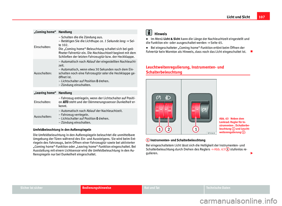 Seat Alhambra 2014 Betriebsanleitung (in German) 107
Licht und Sicht
„Coming home“Handlung
Einschalten:
– Schalten die die Zündung aus.
– Betätigen Sie die Lichthupe ca. 1 Sekunde lang ⇒ Sei-
te 102.
Die „Coming home“-Beleuchtung Seat Alhambra 2014 Betriebsanleitung (in German) 107
Licht und Sicht
„Coming home“Handlung
Einschalten:
– Schalten die die Zündung aus.
– Betätigen Sie die Lichthupe ca. 1 Sekunde lang ⇒ Sei-
te 102.
Die „Coming home“-Beleuchtung