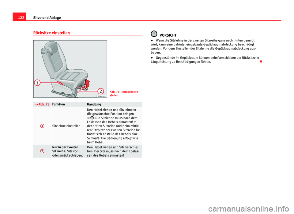 Seat Alhambra 2014 Betriebsanleitung (in German) 122Sitze und Ablage
Rücksitze einstellen
Abb. 78 Rücksitze ein-
stellen.
⇒ Abb. 78FunktionHandlung
1Sitzlehne einstellen.
Den Hebel ziehen und Sitzlehne in
die gewünschte Position bringen
⇒ Seat Alhambra 2014 Betriebsanleitung (in German) 122Sitze und Ablage
Rücksitze einstellen
Abb. 78 Rücksitze ein-
stellen.
⇒ Abb. 78FunktionHandlung
1Sitzlehne einstellen.
Den Hebel ziehen und Sitzlehne in
die gewünschte Position bringen
⇒