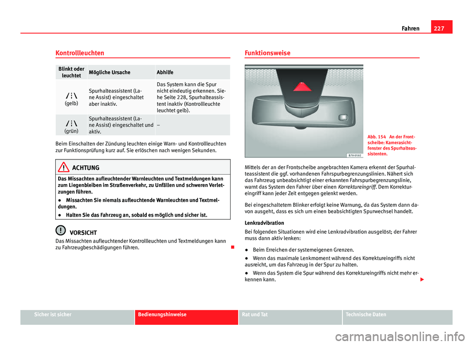 Seat Alhambra 2014  Betriebsanleitung (in German) 227
Fahren
Kontrollleuchten
Blinkt oder leuchtetMögliche UrsacheAbhilfe

(gelb)Spurhalteassistent (La-
ne Assist) eingeschaltet
aber inaktiv.Das System kann die Spur
nicht eindeutig erkennen. Sie-