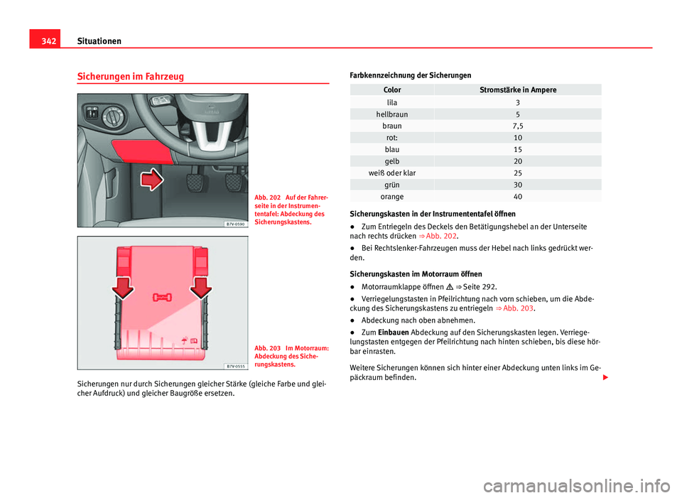 Seat Alhambra 2014 Betriebsanleitung (in German) 342Situationen
Sicherungen im Fahrzeug
Abb. 202 Auf der Fahrer-
seite in der Instrumen-
tentafel: Abdeckung des
Sicherungskastens.
Abb. 203 Im Motorraum:
Abdeckung des Siche-
rungskastens.
Sicherung Seat Alhambra 2014 Betriebsanleitung (in German) 342Situationen
Sicherungen im Fahrzeug
Abb. 202 Auf der Fahrer-
seite in der Instrumen-
tentafel: Abdeckung des
Sicherungskastens.
Abb. 203 Im Motorraum:
Abdeckung des Siche-
rungskastens.
Sicherung