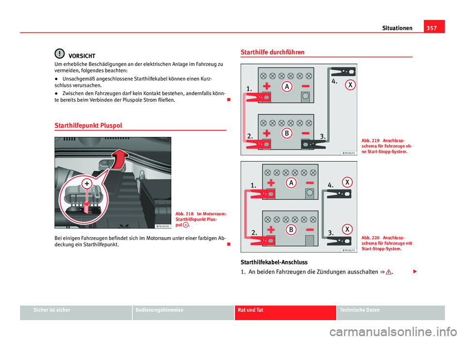 Seat Alhambra 2014 Betriebsanleitung (in German) 357
Situationen
VORSICHT
Um erhebliche Beschädigungen an der elektrischen Anlage im Fahrzeug zu
vermeiden, folgendes beachten:
● Unsachgemäß angeschlossene Starthilfekabel können einen Kurz-
sch Seat Alhambra 2014 Betriebsanleitung (in German) 357
Situationen
VORSICHT
Um erhebliche Beschädigungen an der elektrischen Anlage im Fahrzeug zu
vermeiden, folgendes beachten:
● Unsachgemäß angeschlossene Starthilfekabel können einen Kurz-
sch