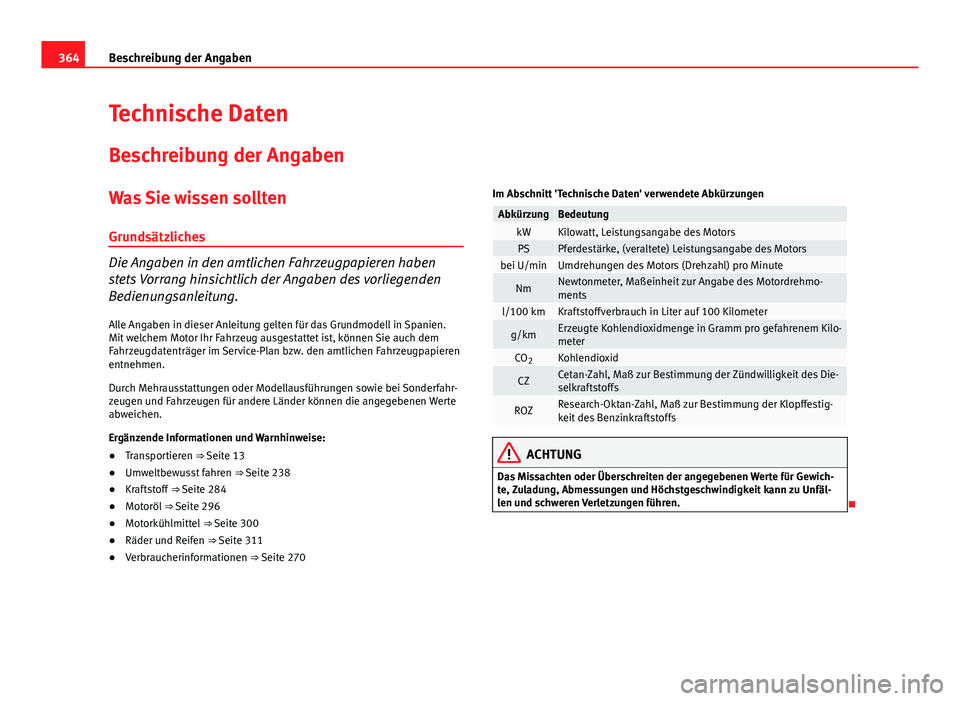 Seat Alhambra 2014 Betriebsanleitung (in German) 364Beschreibung der Angaben
Technische Daten
Beschreibung der Angaben
Was Sie wissen solltenGrundsätzliches
Die Angaben in den amtlichen Fahrzeugpapieren haben
stets Vorrang hinsichtlich der Angaben Seat Alhambra 2014 Betriebsanleitung (in German) 364Beschreibung der Angaben
Technische Daten
Beschreibung der Angaben
Was Sie wissen solltenGrundsätzliches
Die Angaben in den amtlichen Fahrzeugpapieren haben
stets Vorrang hinsichtlich der Angaben